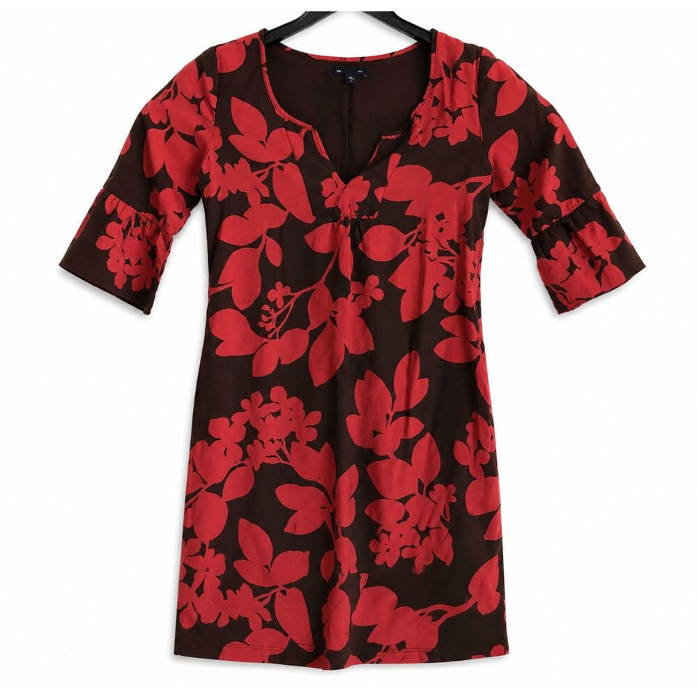 Gap Women’s SZ XS Floral Tropical Hawaiian Red Brown Dress 3/4 Sleeves Lined